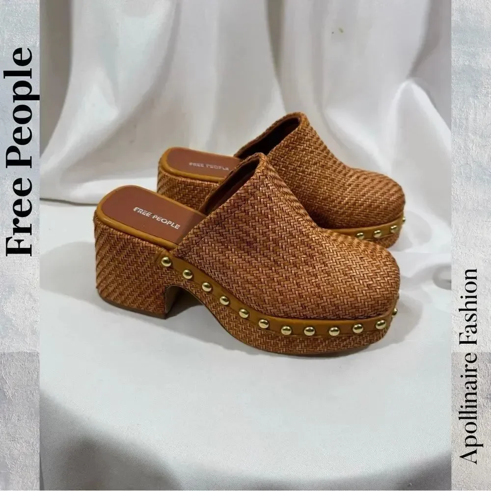 Free People Rori Brown Woven Clogs with Gold Accents Size 40 New